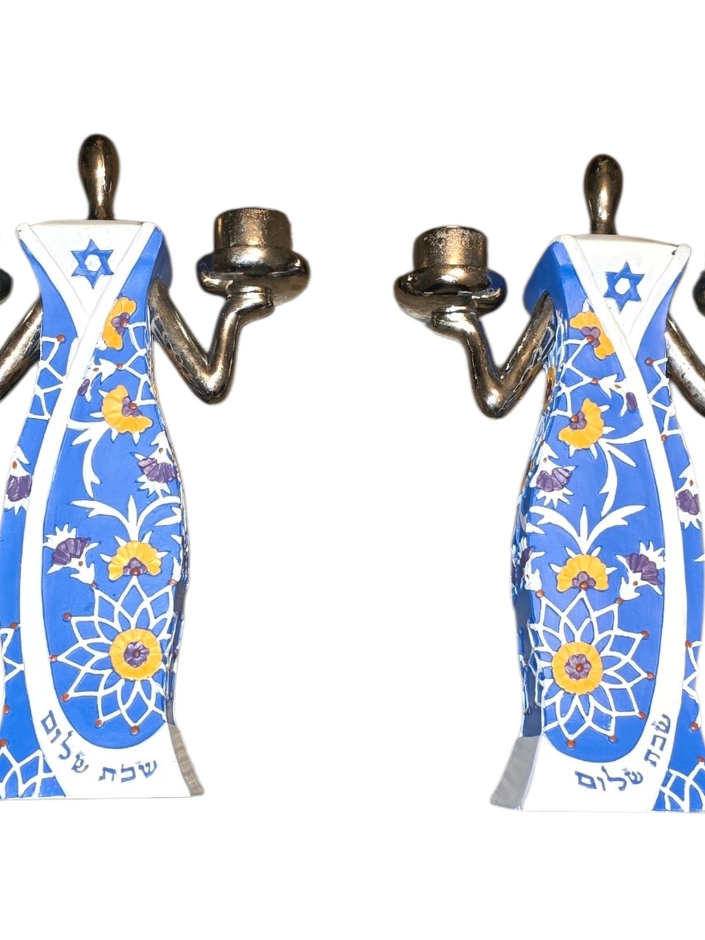 Judaica Shabbat Shalom Candlestick Holders Blue Floral Star of David Pair